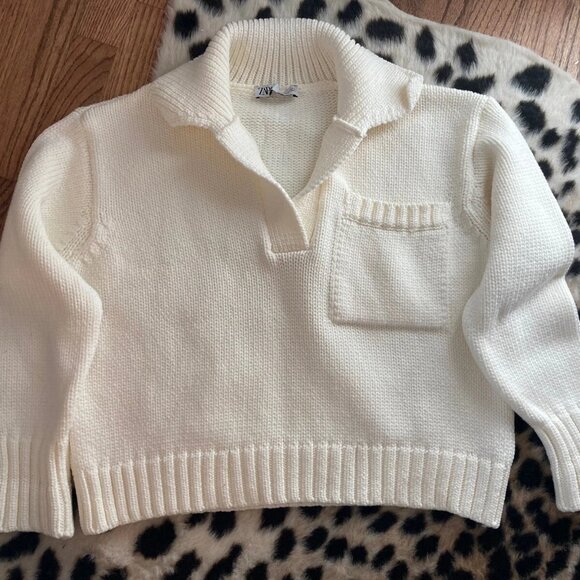 Zara Thick Knit Cream Cropped Sweater With Pocket Women Medium - Picture 2 of 2